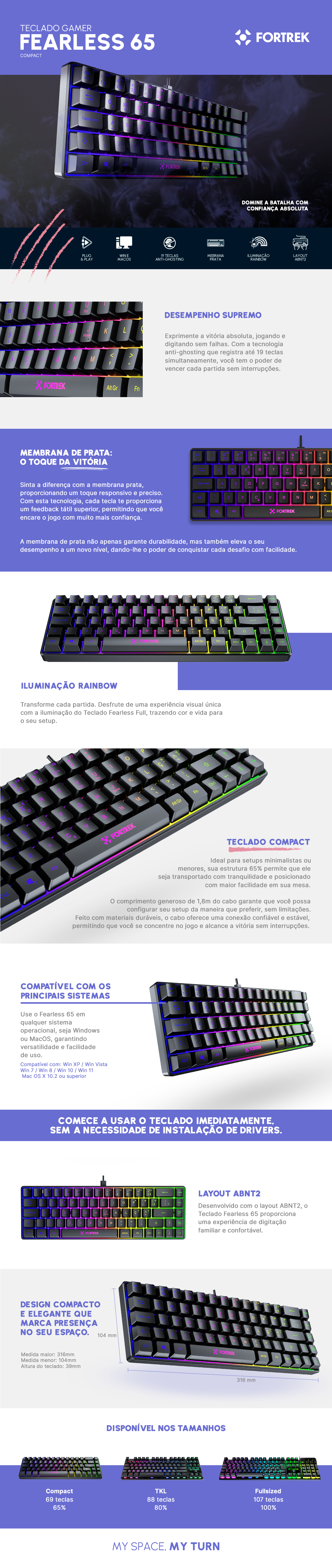 Detalhes técnicos do Teclado Gamer Fortrek Fearless 65 Compact Preto